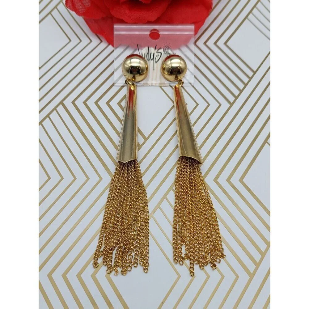 Brand New Tassel Chain Earrings Gold Tone Judy's Super Long Dangle Statement 5